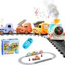 Steam Train Set for Toddlers  Cartoon Face Locomotive with Remote Control, Real Steam, Lights & Music  Magnetic Toy with Tracks & Trucks (19052D-1)
