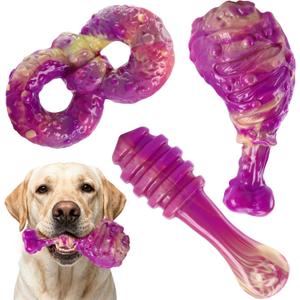 WinTour Dog Chew Toys for Aggressive Chewers 3 Pack, Indestructible Dog Toy to Keep Them Busy, Tough Dog Toys for Aggressive Chewers for Small, Medium and Large Breeds, Beef Flavor, Purple