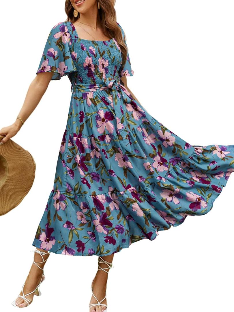 Amegoya Women's Flowy Summer Boho Floral Midi Dress Casual Square Neck Smocked Cottagecore Dress (Blue Floral M)