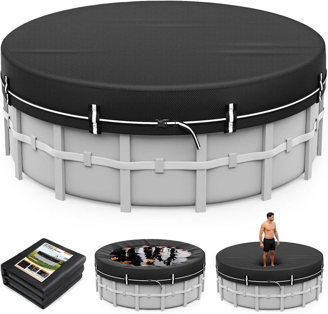 LXKCKJ 10 FT Round Pool Cover for Above Ground Pools, 420D Oxford | Waterproof 10000PA, 100MPH Windproof with 2 buckles and Ground nail set, 634N Tear-Resistant, UPF50+, 95% Evaporation Control