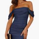 PRETTYGARDEN Cocktail Dresses 2025 Summer Off Shoulder Sexy Bodycon Ruched Mesh Graduation Wedding Guest Mini Short Dress, Navy, Large