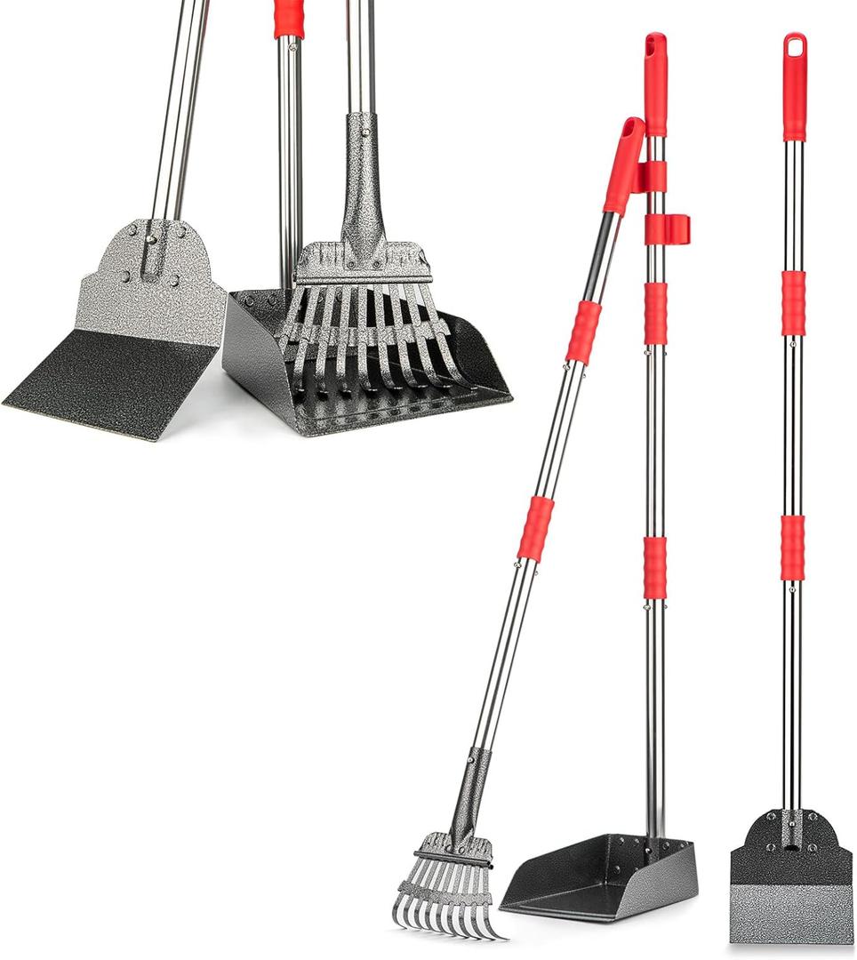 Pooper Scooper, Long Handle Dog Pooper Scooper, Heavy Duty Stainless Steel Rake with Tray & Spade Set for Pet Waste Removal, for Grass, Dirt or Gravel (Red)