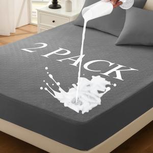 Twin Mattress Protector 2 Pack, Waterproof Mattress Pad Washable Rayon Mattress Cover Breathable Noiseless Bed Protector 3D Patterns 5" - 21'' Elastic Fitted Deep Pocket (Dark Grey)