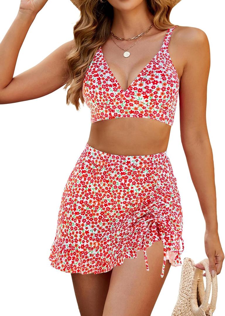 Blooming Jelly Women's High Waisted Bikini Sets Tummy Control Bathing Suit Two Piece Swim Suit 2026 Retro Swimsuit(Red Floral,Medium)