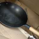 WANGYUANJI 14.2 Inch Round Bottom Carbon Steel Wok, Nitrided Iron Chinese Stir Fry Pan for Gas Wok Burner, Wok Ring Needed for Flat Gas Grates, Wooden Handle