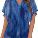 Timeson Women's Short Sleeve V Neck Blouses Shirts Floral Double Layers Mesh Tunics Tops (Large)