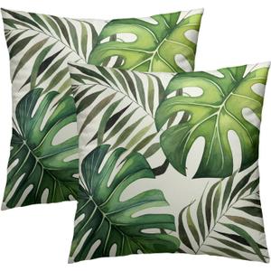 Summer Green Leaf Throw Pillow Cover 18x18 Inch Pack of 2 Tropical Palm Leaves Cushion Pillow Case Square Cotton Botanical Plant Leaf Pillowcase for Party Bed Sofa Home Car Bedroom Outdoor