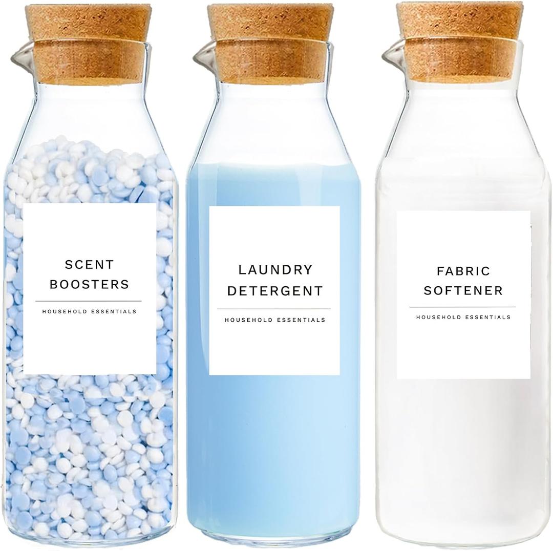 Glass Laundry Detergent Dispenser Set with Cork Lids, Fabric Softener Dispenser, Easy Pour 3 Pack Laundry Bottles, Liquid Detergent Containers, Scent Booster & Bleach Container for Laundry Room