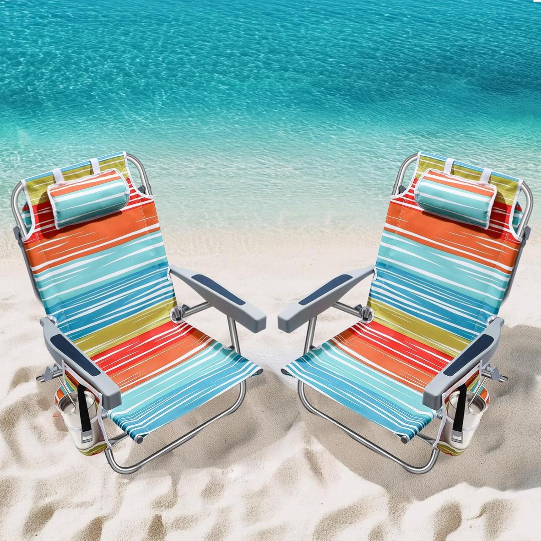 5-Position Aluminum Lay Flat Backpack Beach Chair 2 Pack, Compact Portable Low Beach Chairs for Adults with Cooler Pouch, Storage Pouch, Towel Bar, Cup Holder & Phone Holder, Multicolor Stripe