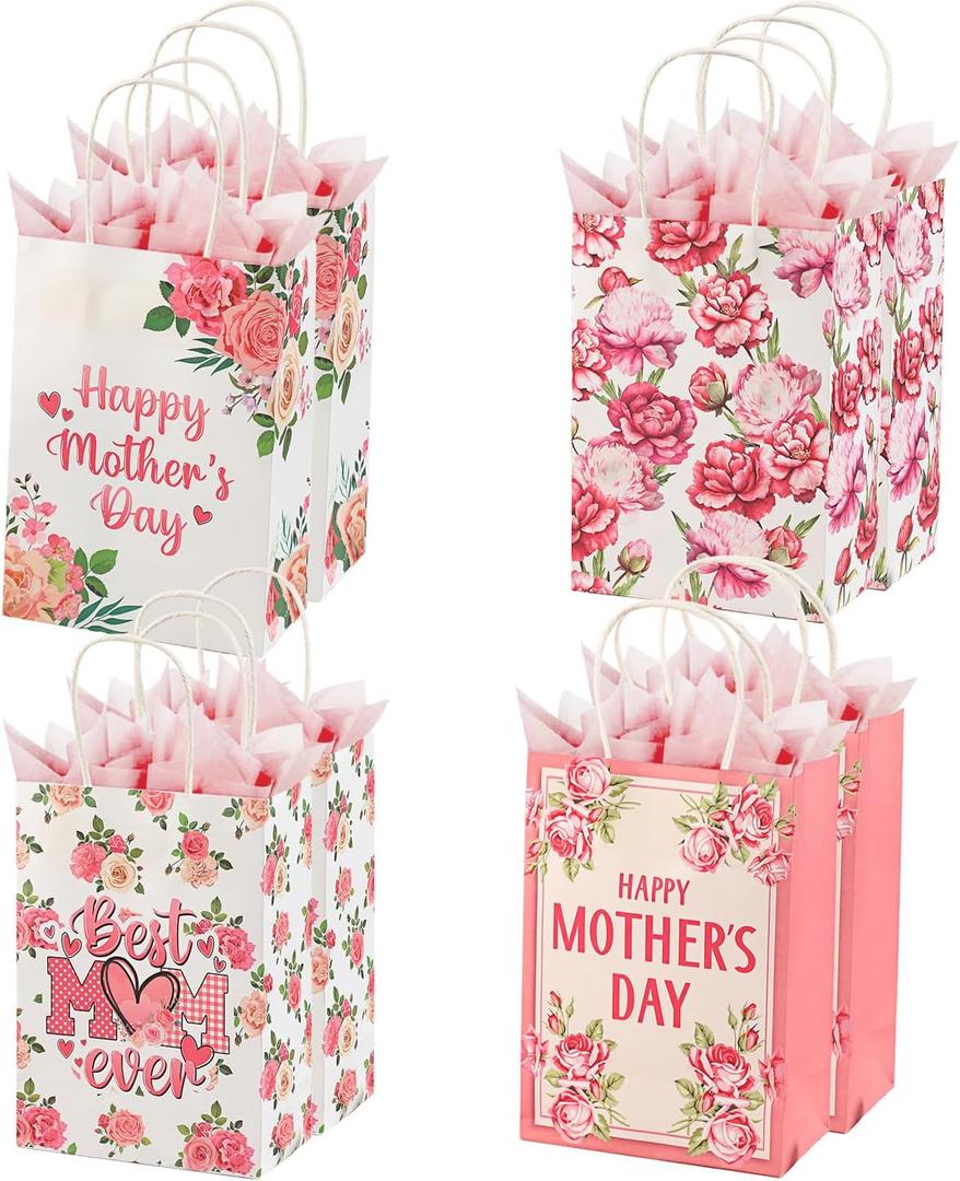 Colodeol 8 Pcs Mother's Day Gift Bags with Tissue PaperMedium Small Mothers Day Bag with Handles Floral Mothers Paper Treat Candy bags Bulk for Mom Grandma Wife Women