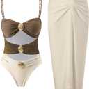 Women's One Piece Swimsuit with Cover up Set Beach Wrap Skirt Retro Bikini Set Two Piece Bathing Suit with Cover up (Medium, Brown)