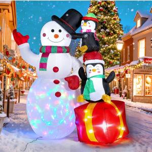 Partyotu Christmas Inflatables Snowman with Penguins, Xmas Blow up Magic Hat Snow Man with Rotating LED Lights, Outdoor Decorations Inflatable Weatherproof Yard Decor for Garden Lawn (White, 6FT)