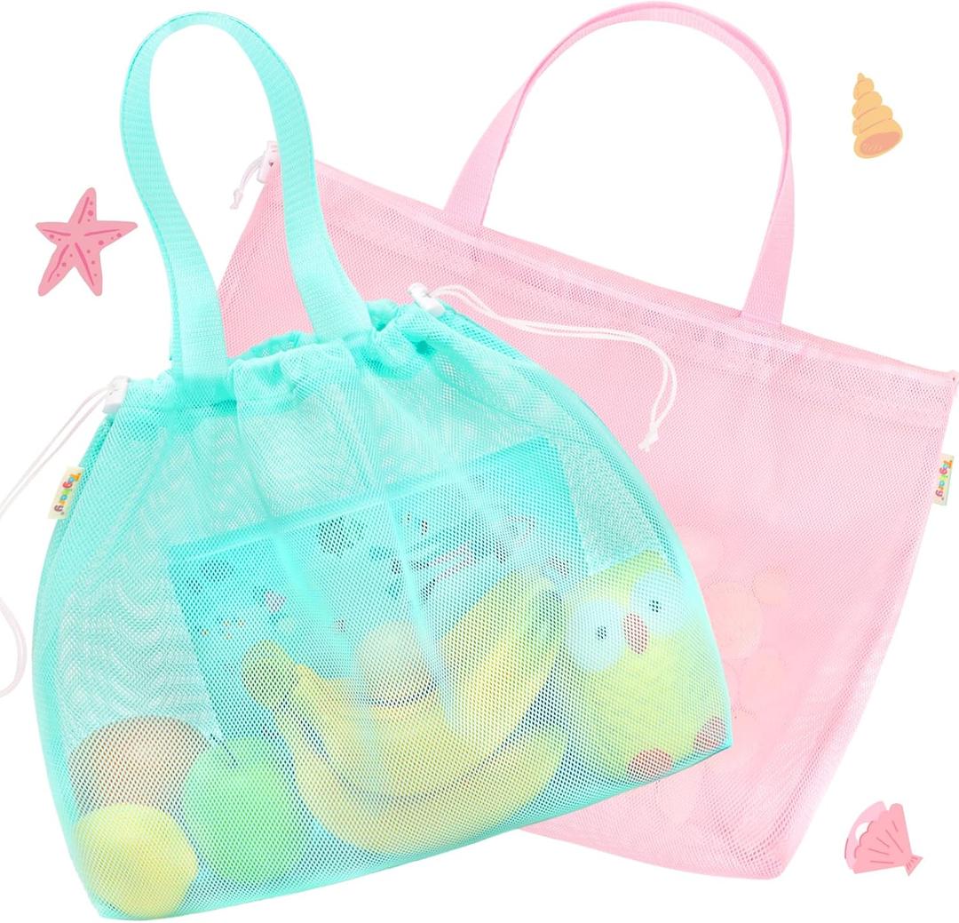 Tagitary Beach Toys Kids Beach Bag Tote with Drawstring, Pink Blue Mesh Bag Travel Beach Essentials for Kids Swim Pool Gym Bag Camping Accessories Toys Storage Lightweight Foldable Birthday Gifts