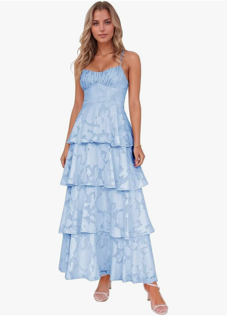 Jacquard Floral Tiered Bridesmaid Dresses Long for Women Spaghetti Straps Prom Dress A Line Formal Evening Gowns, Size L