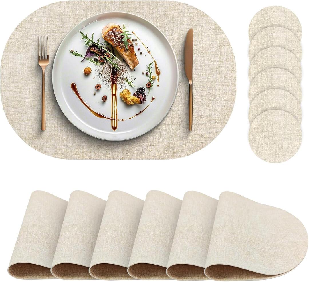 Faux Leather Placemats Set of 6 with Matching Coasters, Heat Resistant PU Oval Placemats, Waterproof Wipeable Washable Place Mats, Non-Slip Table Placemats for Dining Table Kitchen Patio (Beige)