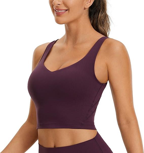 CRZ YOGA Butterluxe Womens V Neck Longline Sports Bra - U Back Padded Crop Workout Tank Tops with Built in Pads, medium