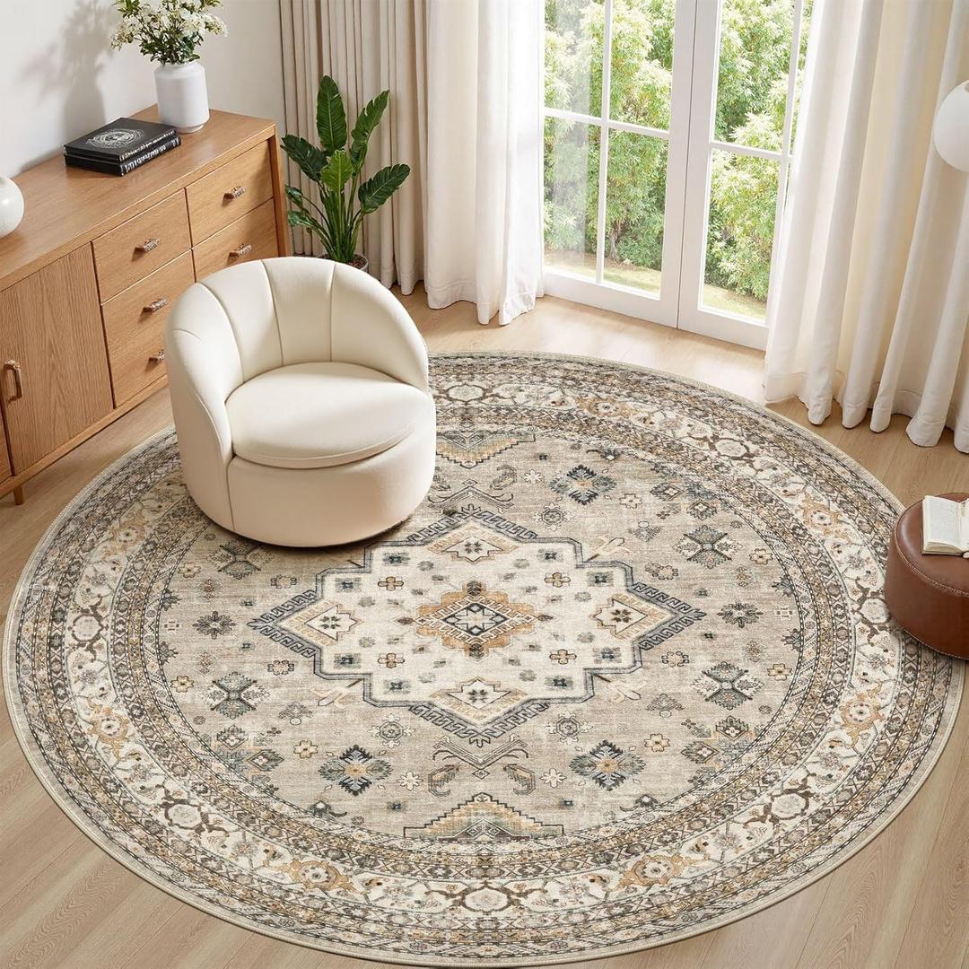 8ft Round Vintage Living Room Area Rug - 8x8 Large Soft Washable Oriental Traditional Distressed Farmhouse Rugs for Bedroom - Indoor Floor Accent Carpet for Home Office House Decor - Beige