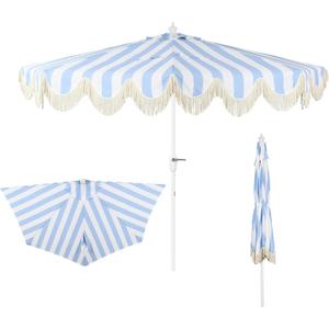JONATHAN Y Half Umbrella UMB1201J Beverly 9 ft. Designer Classic Scalloped Fringe Market Patio with Crank, Tilt Button and UV Protection in Light Blue/White, White Pole, 108 inches diameter, 97 inches pole length