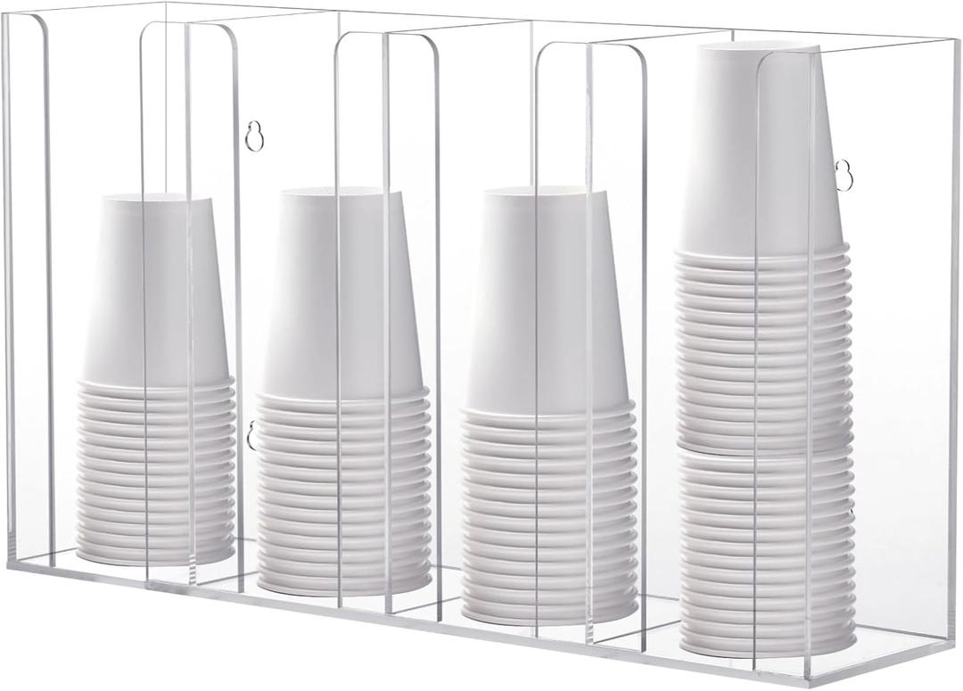 4-Compartment Acrylic Cup Dispenser, White Cup and Lid Holder for Counter, 16.5 * 4.1 * 9.4 inches,Wall-Mounted Cup Organizer, Clear Desktop Cup Storage Holder or Kitchen, Coffee, Bar
