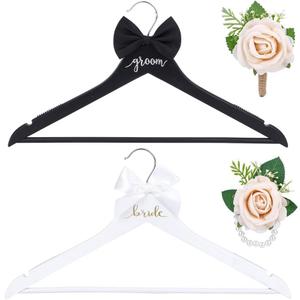 2 Pack Bride Groom Hanger for Wedding Wooden Bridal Dress Suit Hangers with Bow Tie Wrist Corsage Flower 17.5x8.9 Inches Mr and Mrs Shirt Tuxedo Suit Hanger Shower Gift Accessories