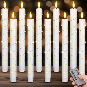 Rossesay 10 Pcs LED Flameless Taper Candles with String Light and Remote Ivory Battery Powered Flameless Candlesticks 10 Inch Flickering Plastic LED Window Candles for Wedding Christmas Decoration