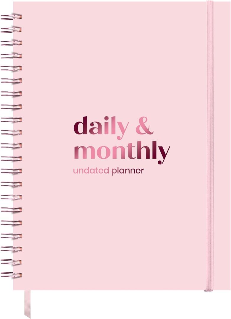 Undated Daily Planner | 2026 Calendar | Large Daily and Monthly Planner with Hourly Schedule, 8.5" x 11" | 6 Month, Full Page a Day, To do List, Time Blocking, Pink Aesthetic Hardcover Spiral Notebook