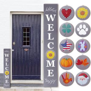 Perfnique Interchangeable Welcome sign for front porch standing, 47 x 7.9 Inch Black Wooden Leaner Sign with 10 Interchangeable Designed Icons, Morden Farmhouse Rustic Seasonal Decor for Spring Easter
