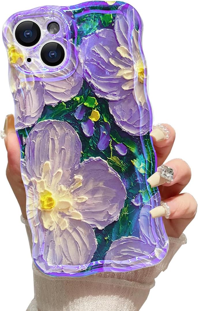 Case for iPhone 14 Exquisite Colorful Retro Oil Painting Cute Wave Edge Frame Phone Cover Soft Durable TPU Camera Protection iPhone 14 Case for Women Girls (Green/Purple Flower)