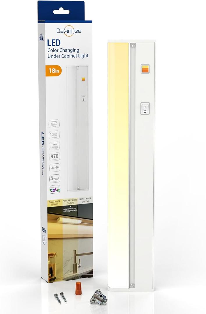 Dawnrise 18" Hardwired Under Cabinet Light,Linkable,970 Lumens,3 Color Selectable,Brightness Adjustable,ETL Under Counter Lights for Kitchen,Wide Luminous Surface,White Finish,Metal Base(1 Pack) (18 Inch)