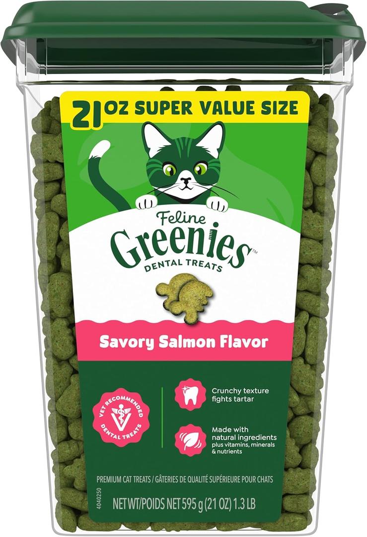 Greenies Cat Treats, Feline Veterinarian-Recommended Adult Natural Dental Cat Treats, Savory Salmon Flavor, 21 oz. Tub (EXP 11/30/27)