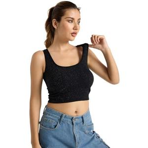 Women Rib Tank Top Padded Workout Top Square Neck Crop Tank Fitted Basic Cami Tops (X-Large, Black)