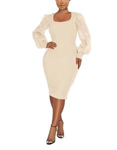 acelyn Elegant Bodycon Midi Dresses for Women Scoop Neck Lace Lantern Long Sleeve Ribbed Clubwear Party Cocktail Dress Beige, Medium 