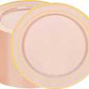 100PCS Pink Plastic Plates, 10 Inch Disposable Dinner Plate Party with Gold Rim, Heavy Duty Disposable Plastic Plates for Party, Wedding & Birthday & Monther's Day