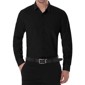 SIR7 Men's Slim Fit Stretch Dress Shirt Solid Color Microelastic Long Sleeve Casual Soft Business Button Up Shirts (Black), Size S