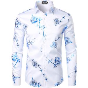 ZEROYAA Mens Hipster 3D Golden Rose Floral Printed Slim Fit Long Sleeve Button Down Dress Shirts (Small, Zzcl22-white Royal Blue)