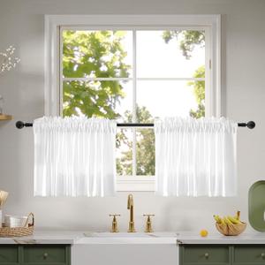 Anmao Non-See-Through Valance Kitchen Curtains 18 Inch Length 2 Panels Set, Bright White Privacy Light Filtering Semi Sheer Over Sink Short Cafe Curtain Tiers for Small Windows, 25W x 18L, Pure White