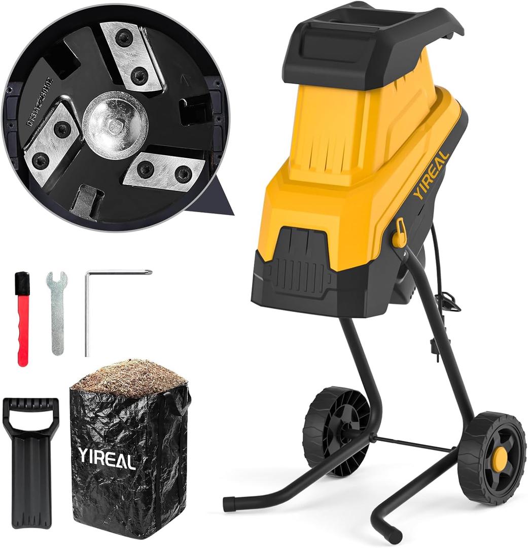 Yireal Upgraded 3-Blade Electric Wood Chipper 15-Amp,Chipper Shredder Detachable with Collection Bag 45L, 1.8 Inch Cutting Diameter Mulcher for Yard Branches Mulching Composting and Garden Cleanup