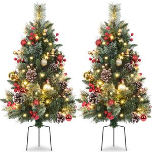 Set of 2 Outdoor Pathway Christmas Trees, 30in Artificial Xmas Tree with 35 LED Lights, 8 Lighting Modes & Timer, Red & Gold Berries, Ball Ornaments, Holiday Dcor for Driveway, Porch, Yard