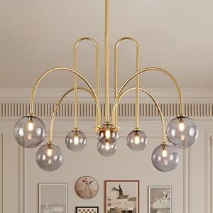 MERINEA Modern Chandelier 8 Lights Gold Sputnik Light Fixture Large Luxury L41” Mid Century Smoke Glass Globe Ceiling Pendant Lighting for Foyer Staircase Living Dining Room Kitchen
