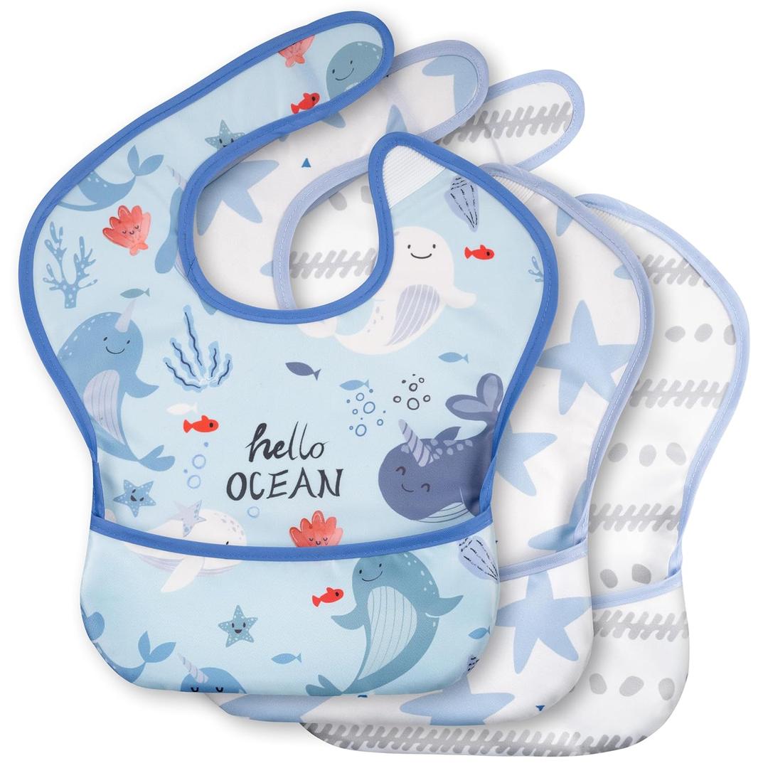 3-Pack Waterproof Baby Bibs for Eating - Mess Proof Lightweight Toddler Feeding Bibs with Large Food Catcher, Food-Grade Baby Eating Essentials, Easy to Put On & Clean(Light Blue Ocean)