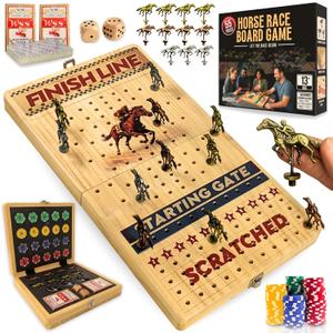 Horse Racing Board Game - Large 22 Inches Folding Horse Race Game Board Adult - Exciting Family Racing Set with Built-in Storage for Premium Chips, 2 Sets of Cards, 2 Dice, and 11 Metal Derby Tokens