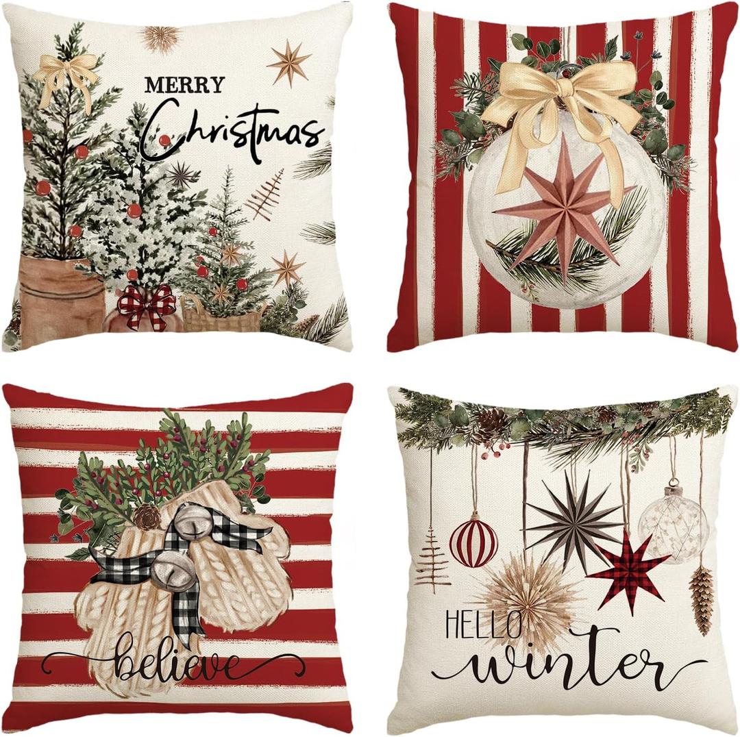 AVOIN colorlife Merry Christmas Balls Eucalyptus Holly Berries Gloves Throw Pillow Covers, 18 x 18 Inch Xmas Winter Holiday Red Stripes Cushion Case Decoration for Sofa Couch Set of 4