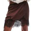 Women Lace Trim Silk Mini Skirt Y2k Lacy Satin A Line Half Silp Short Skirt Cute High Waist Underskirt L