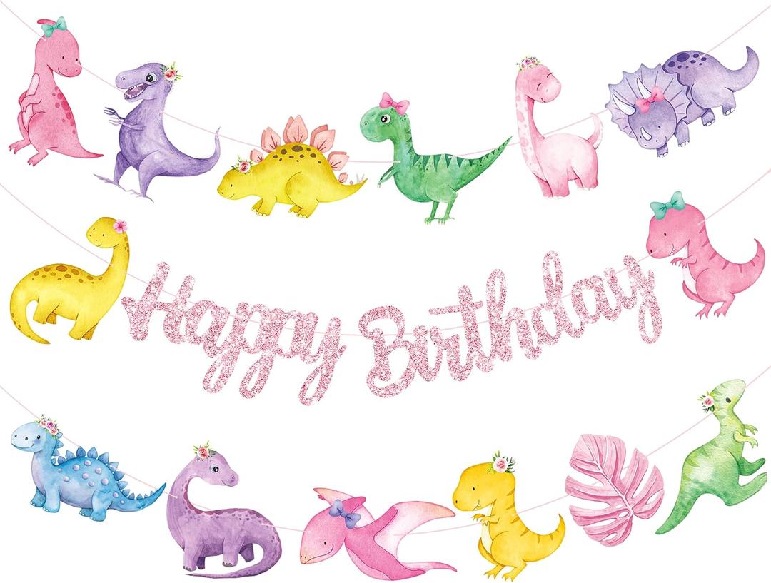 Dinosaur Birthday Party Banners Dinosaur Birthday Party Decorations for Girls 3pcs Pink Glitter Dinosaur Theme Banners Dino Party Supplies Baby Shower Decorations