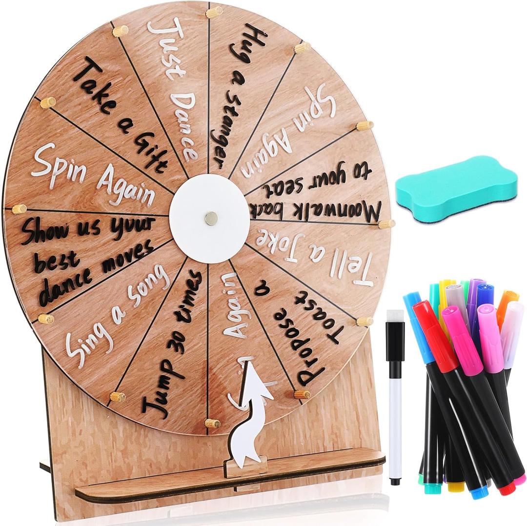 11.4 Inch Spinning Wheel Erasable Raffle Spin the Wheel Game with Stand and Arrow Wooden Prize Tabletop Spinner Raffle Roulette for Wedding Family Bridal Party Baby Shower Games(Wood Color)