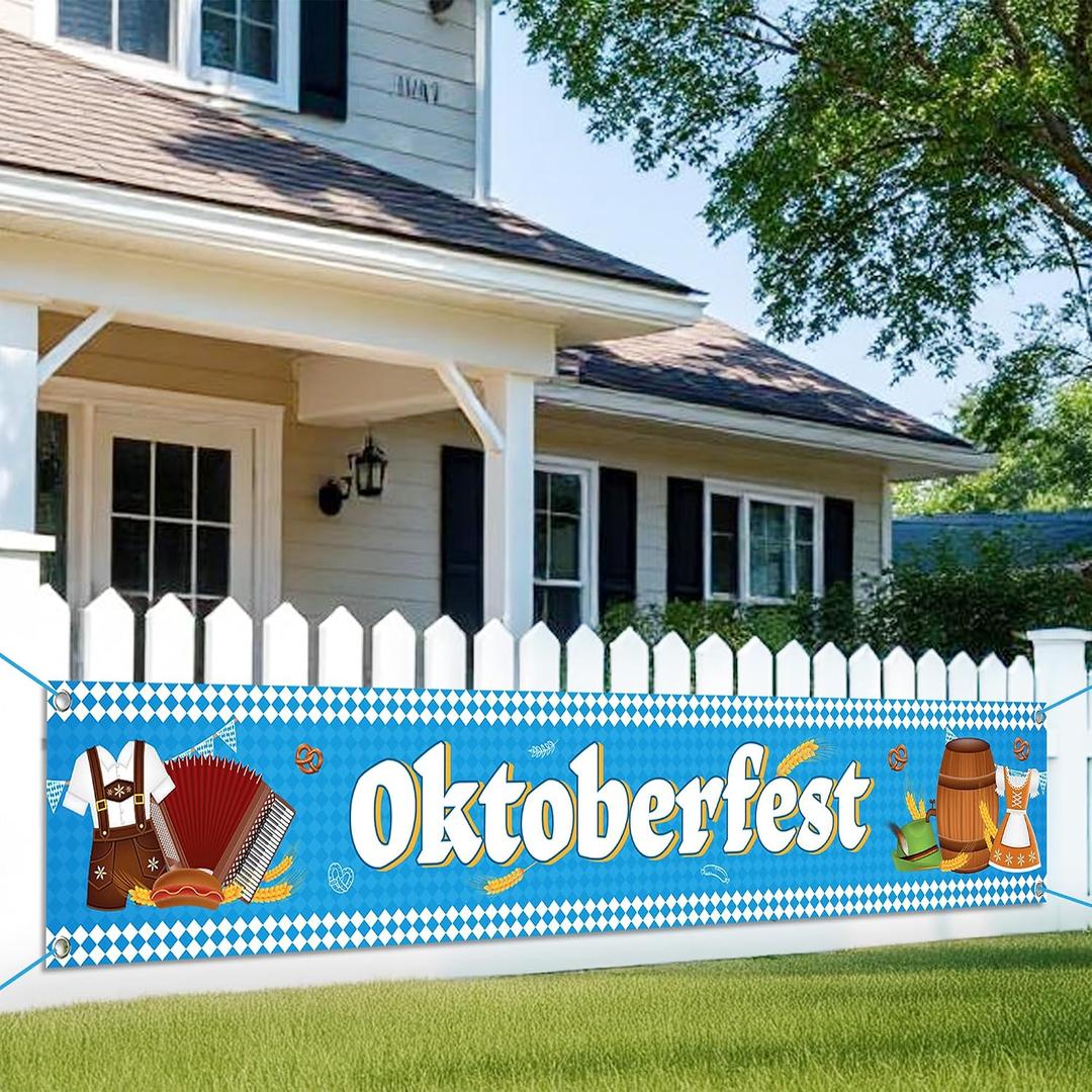 KatchOn, Oktoberfest Banner Outdoor - XtraLarge,120x20 Inch | Oktoberfest Decorations for Outdoor, Wall, Yard & Lawn | German October Fest Themed Party Decoration | Bavarian Flag Checked Hanging Banners