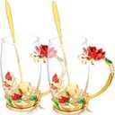 Tioncy 2 Sets Gifts for Mom Birthday Gifts for Mom Women Enamel Flower Glass Tea Cup with Spoon Enamel Glass Coffee Mugs for Wife Sister Grandma, Mother's Day Graduation Retire Gifts(Red)