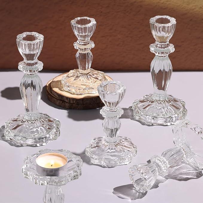 Clear Candlestick Holders Set of 6, Taper Candle Holders, 4.3" H & 6.3" H Glass Candle Holder for Candlesticks & Pillar Candles, Crystal Candle Holders for Wedding and Home Decor