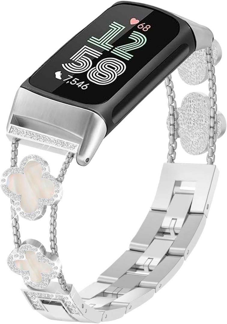 Bling Metal Band Compatible with Fitbit Charge 6/ Charge 5 for Women, Dressy Bracelet Jewelry Watch Band for Fitbit Charge 6 Fitness & Health Tracker