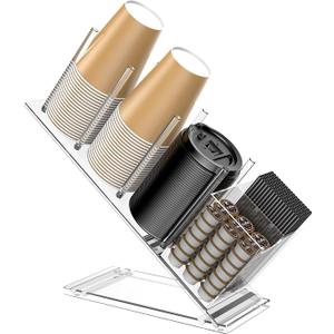 Acrylic Cup and Lid Holder with Straw Organizer, Adjustable Coffee Cup Holder Organizer, 5 Compartment Cup Dispenser for Disposable Paper & Plastic Cups, for Station Home Countertop(Patent in Effect)